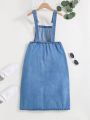 SHEIN Tween Girl Adjustable Medium Length Casual Denim Overall Skirt In Blue