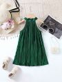 SHEIN Kids FANZEY Luxury Solid Color Halterneck Dress For Young Girls