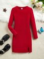 SHEIN Kids Cooltwn Tween Girls' Sporty Knit Round Neck Solid Color Long Sleeve Slim Fit Sweater Dress
