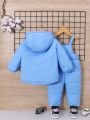 SHEIN Baby Boys' Casual Blue Hooded Fleece Jacket And Overalls Set, Winter