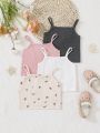 SHEIN Baby Girls' Casual Knitted Solid Color & Floral Print Tank Tops Four Pieces Set