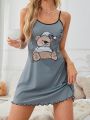 Women's Cartoon Printed Sleeveless Nightgown With Spaghetti Straps For Summer