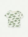 Cozy Cub Baby Boys' Cartoon Dinosaur Print Short Sleeve T-Shirt And Pure Color Suspender Shorts Set