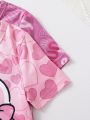 Young Girls' Cute Cartoon Rabbit, Letter And Heart Print Round Neck T-Shirt, Slim Shorts And Long Pants 2pcs/Set Homewear