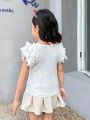SHEIN Kids Cooltwn Young Girls' Cool Street Style Knitted Solid Color Short Sleeve Top For Spring And Summer