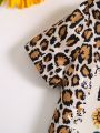 Girls' (little) Leopard Print Letter Pattern Short Sleeve T-shirt
