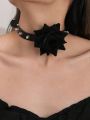 Grunge Punk 1pc Gothic Style Dark Flower & Rivet Decor Adjustable Leather Choker