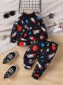 Baby Boy And Child Simple Stand Collar Fashionable Planet Print Sweatshirt And Sweatpants Suit