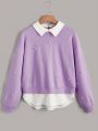 SHEIN Teen Girl Contrast Collar Pearls Beaded 2 In 1 Pullover