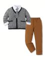 3pcs/set Big Boy's Double Pocket Plaid Suit Jacket, Pants And Bow Tie Set (shirt Not Included)