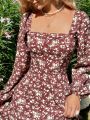SHEIN WYWH Women'S Floral Print Square Neckline Back Tie Detail Midi Dress