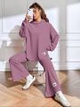 SHEIN Qutie Letter Print Hoodie With Pants Two Pieces Set