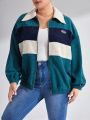 SHEIN EZwear Plus Zip Up Patched Detail Colorblock Cord Jacket