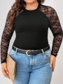 SHEIN Frenchy Plus Size Lace Patchwork Raglan Sleeve T-Shirt