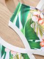 Tween Girl's Tropical Plant Print Cut Out Waist Asymmetrical Neckline One Piece Swimsuit