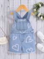 SHEIN Little Girls' Heart Patch Front Pocket Cute Doll Denim Overall Shorts Casual And Comfortable