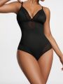 Women's Mesh Patchwork Spaghetti Strap Bodysuit With Slimming Effect
