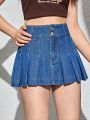 SHEIN Teen Girl Pleated Denim Skirt