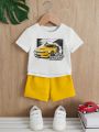 SHEIN Fashionable Baby Boy Car & Letter Printed Top And Solid Color Shorts Set