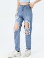 Teen Girls' Basic Casual Design Light Wash Distressed Ripped Jeans