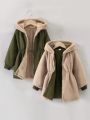 Young Girl 1pc Zipper Up Hooded Reversible Coat