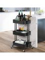 Three-layer mesh utility cart, rolling cart with handle and lockable wheel, multi-function storage rack in kitchen, living room and office