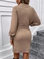 SHEIN LUNE Women's Asymmetric Neckline Knit Belted Sweater Dress