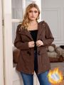 SHEIN Frenchy Plus Size Women's Hooded -Padded Coat With Horn Button