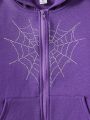 SHEIN Tween Girl Rhinestone Spider Web Pattern Zip Up Thermal Hoodie