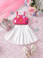 Baby Girl'S 3d Flower Decorated Tank Top And Pleated Skirt