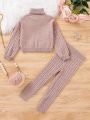 SHEIN Young Girl Turtleneck Cable Knit Sweater & Knit Pants