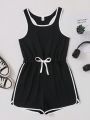 SHEIN Teenage Girls' Knitted Colorblock Thin Strap Sporty Romper With Letter Patterned Back For Casual Outfits