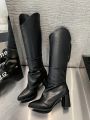 Off-white Autumn/winter Pointed Toe High Heels Pleated Over The Knee Boots, Women's Chunky Heel Knee-high Riding Boots