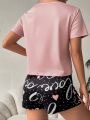 Heart & Letter Printed Short Sleeve T-Shirt And Shorts Pajama Set