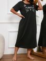Plus Size Black Cute Printed Short Sleeve Sleep Dress