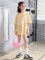 SHEIN Kids Cooltwn Tween Girls' Casual Cartoon Letter Print Round Neck Loose Fit Short Sleeve T-Shirt, Daily Wear