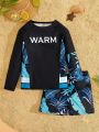 SHEIN Teenage Boys' Casual Letter & Plant Printed Pullover Hoodie, Shorts, Tight Knit Swimsuit 2pcs Outfit