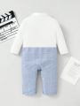 Baby Boys' Gentleman Plaid Jumpsuit With Faux Two-Piece Design, Elegant And Fancy