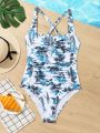 Teenage Girls' One-Piece Swimsuit With Floral Plant Print