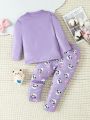 Baby Girl Purple Cute Little Black Bear & Panda Pattern Print Long Sleeve And Long Leggings Comfortable Pajama Set