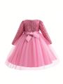 Young Girl Sequin Insert Bow Front Mesh Hem Party Dress