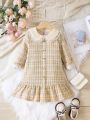 Little Girls' Sweet Peter Pan Collar Simple British Plaid Dress With Ruffles For Autumn/winter