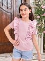 SHEIN Kids CHARMNG Tween Girls' Round Neck Short Sleeve T-Shirt With Ruffle Hem On Both Sides