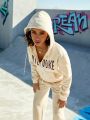 Street Sport Women's Letter Printed Zipper Front Hooded Sweater And Sweatpants Sports Suit With Drawstring