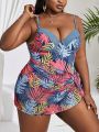 Plus Size Women's Tropical Plant Print One-Piece Swimsuit With Shoulder Straps