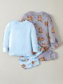 Baby Boys' Light Blue Lion Element Long Sleeve Top And Pants Home Wear Set, 2pcs