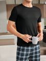 Men'S Homewear Set With Solid Color Short Sleeve T-Shirt And Plaid Printed Pajama Pants