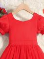 Toddler Girls' Red Puff Sleeve Lace A-line Princess Dress With Waist Tie For Cute Everyday Spring/summer Wear