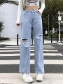 Teen Girls' Vintage Street Ripped Wide Leg Jeans, Basic And Relaxed Fitting
