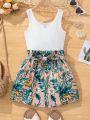 SHEIN Kids Cooltwn Tween Girls' Casual Knit Splicing Floral Print Romper Shortalls For Spring/Summer